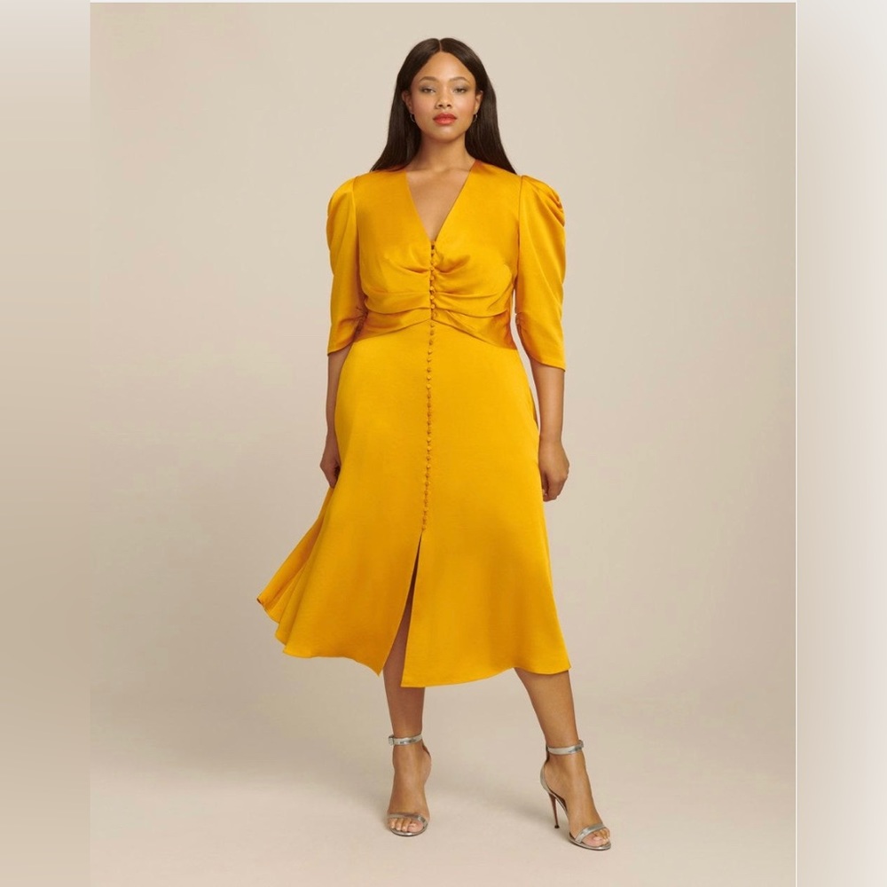 NEW Jonathan Simkhai Ruched Front Sateen V Neck Vintage Inspired Midi Dress NWT